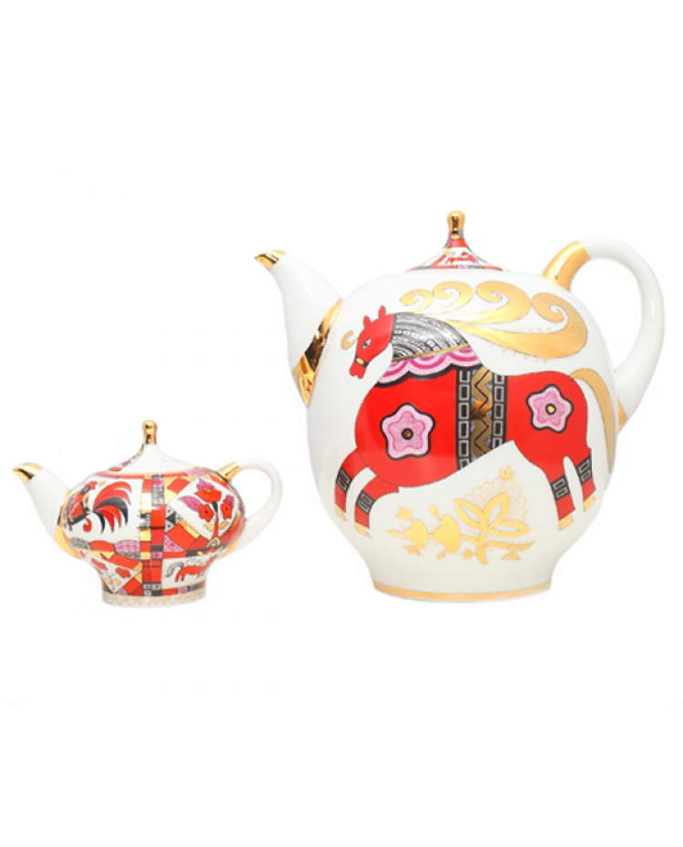 ポット　ロモノーソフ LOMONOSOV IMPERIAL PORCELAIN TEAPOT SET RED HORSE BIG AND SMALL